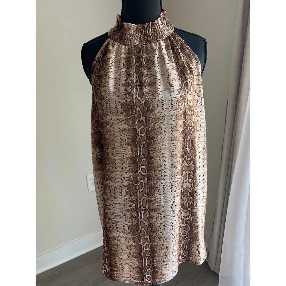 New York & Company Womens XL Snakeskin Print‎ Smocked High Neck Halter Blouse